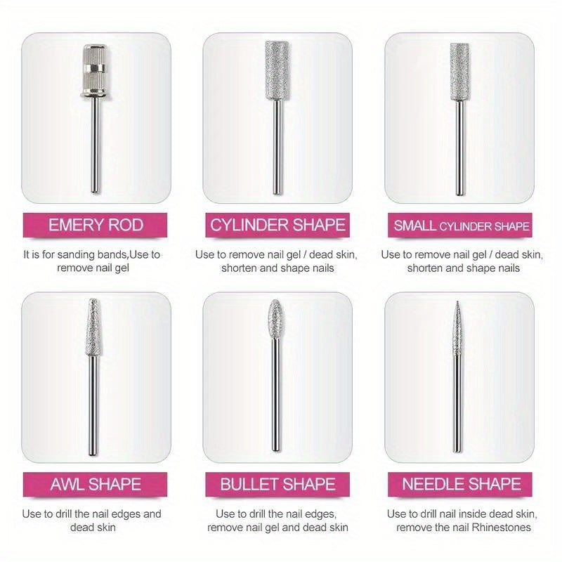 1 dona USB orqali zaryadlanadigan elektr tirnoq burg'ulash to'plami, 36V tirnoq fayli va bufferni o'z ichiga oladi, manikyur va pedikyur uchun, bir nechta boshlar va gelni olib tashlash funksiyasi mavjud (akkumulyator kiritilmagan).