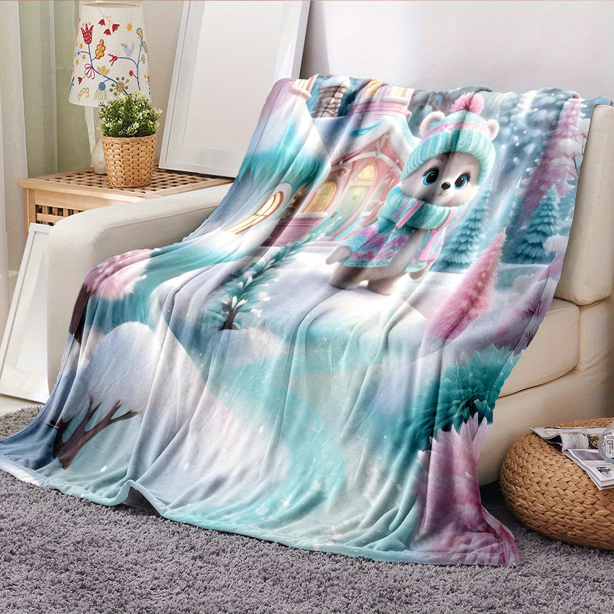 Winter Wonderland Flannel Throw Blanket with Bear and Fairy Tale House Design Soft Warm Lightweight for Sofa Bed Travel Camping