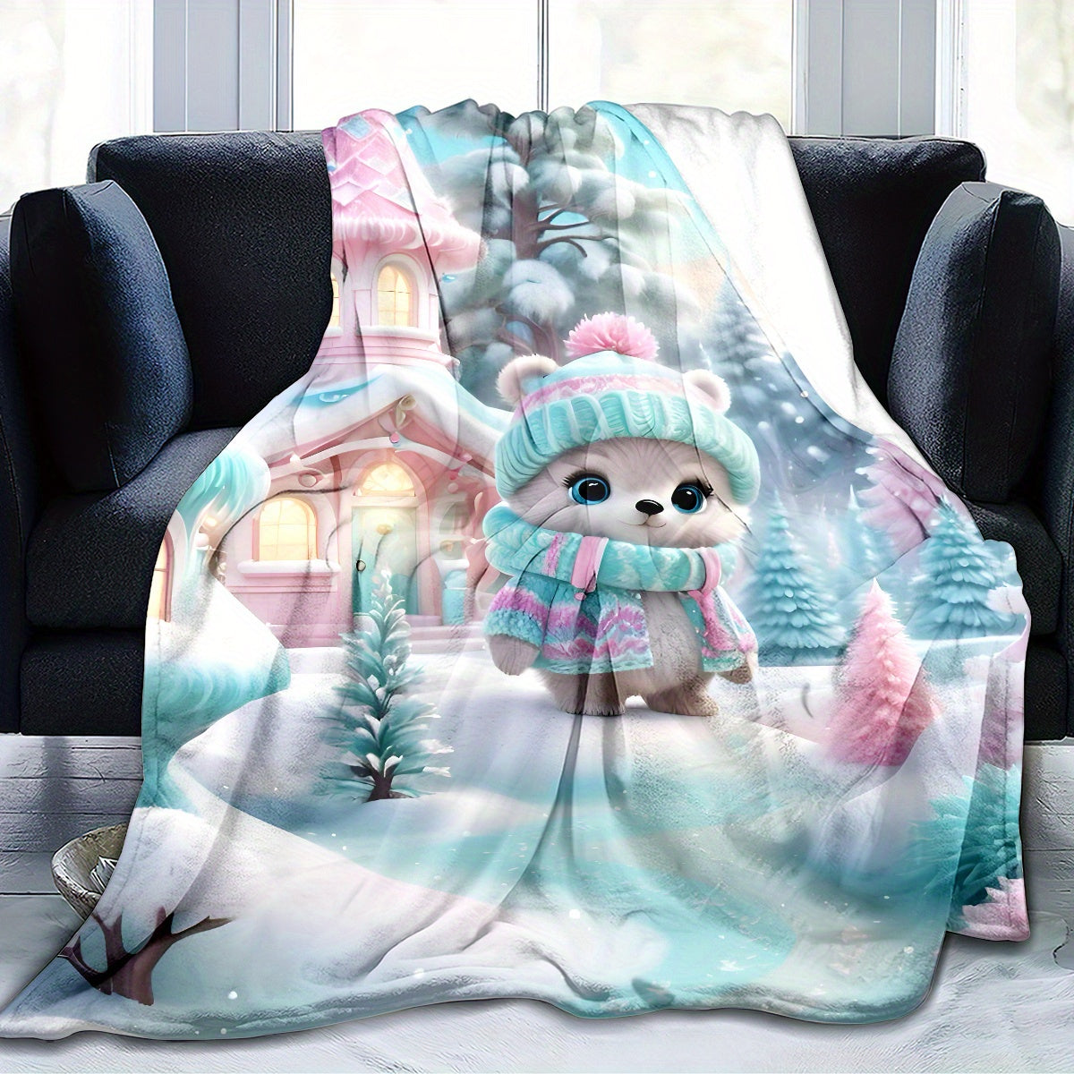 Winter Wonderland Flannel Throw Blanket with Bear and Fairy Tale House Design Soft Warm Lightweight for Sofa Bed Travel Camping