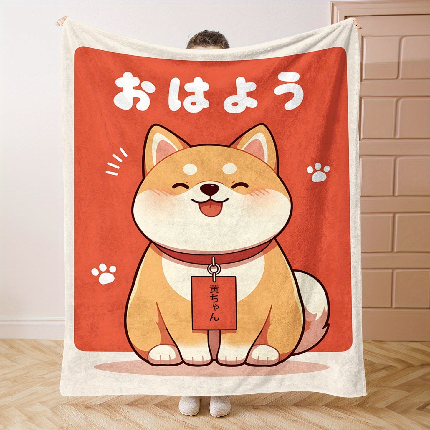 Shiba Dog Print Flannel Blanket Soft Cozy Throw for Bed Sofa Office Travel Lightweight Polyester All-Season