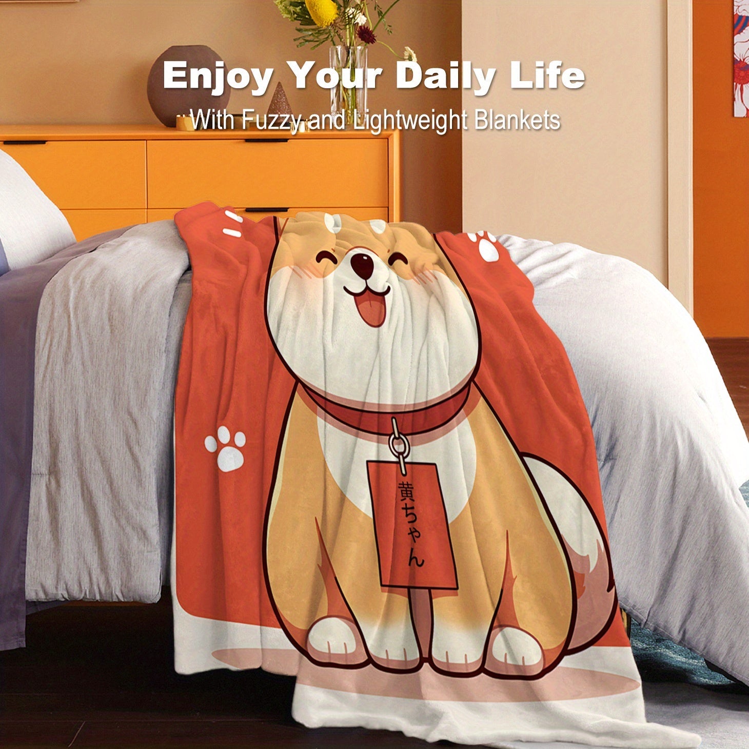 Shiba Dog Print Flannel Blanket Soft Cozy Throw for Bed Sofa Office Travel Lightweight Polyester All-Season