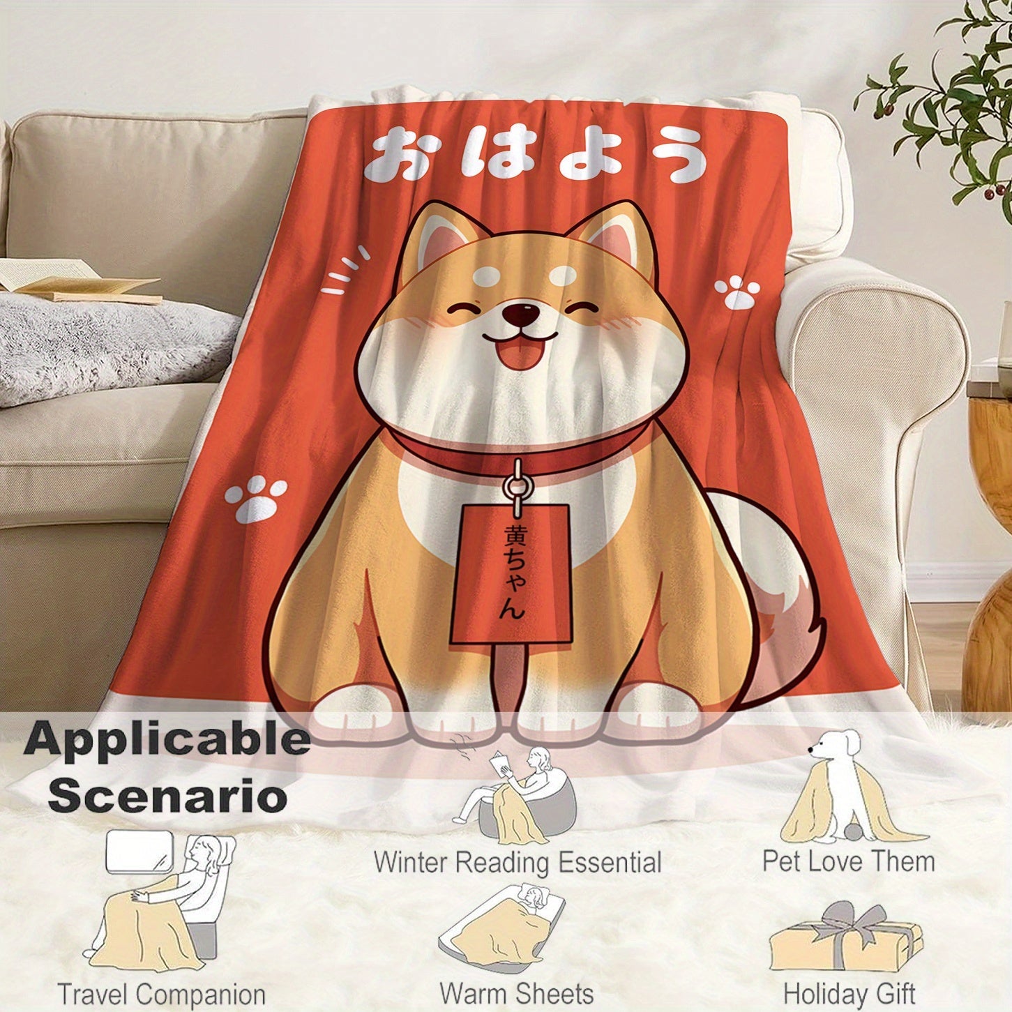 Shiba Dog Print Flannel Blanket Soft Cozy Throw for Bed Sofa Office Travel Lightweight Polyester All-Season