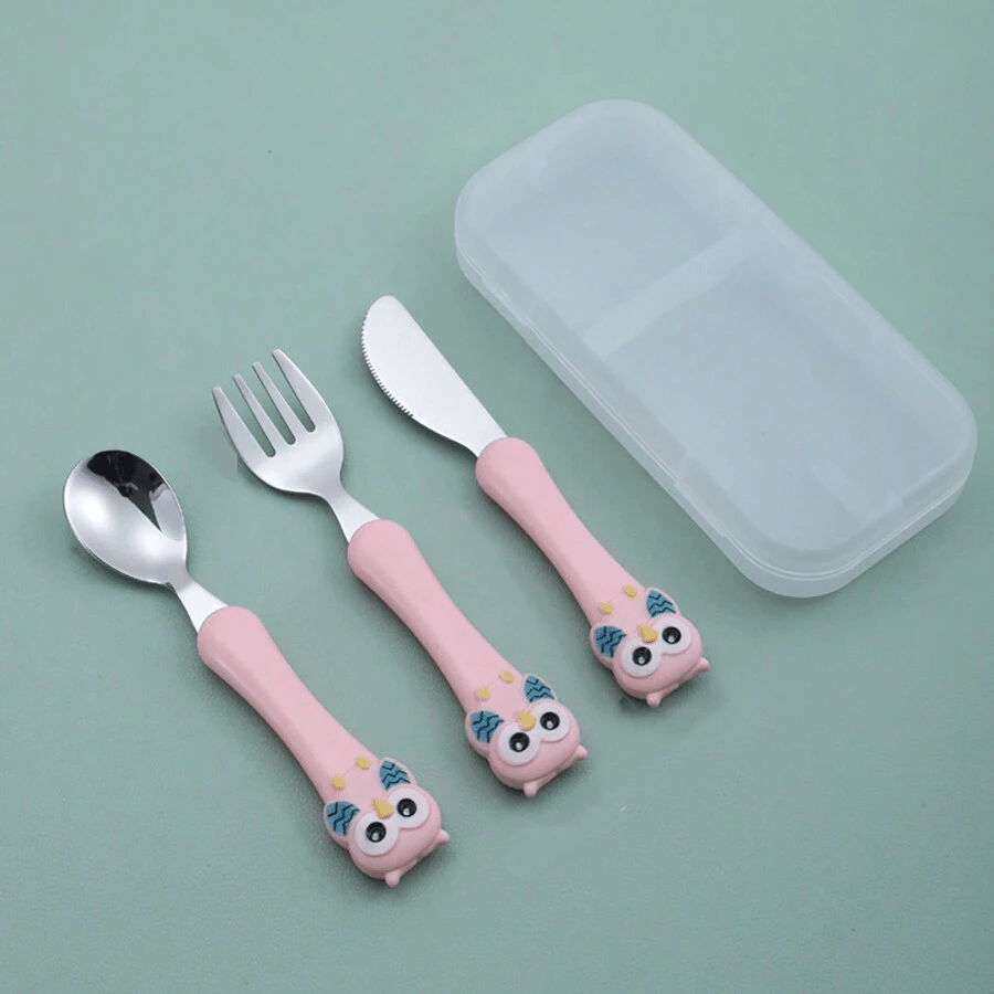 Juego de 3 utensilios de acero inoxidable para niños con caja de almacenamiento azul cuchara de alimentación tenedor