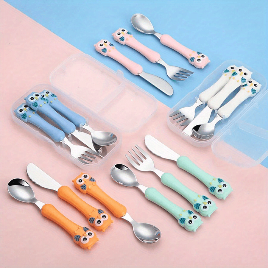 Set of 3 Stainless Steel Kids Utensils with Storage Box Blue Feeding Spoon Fork