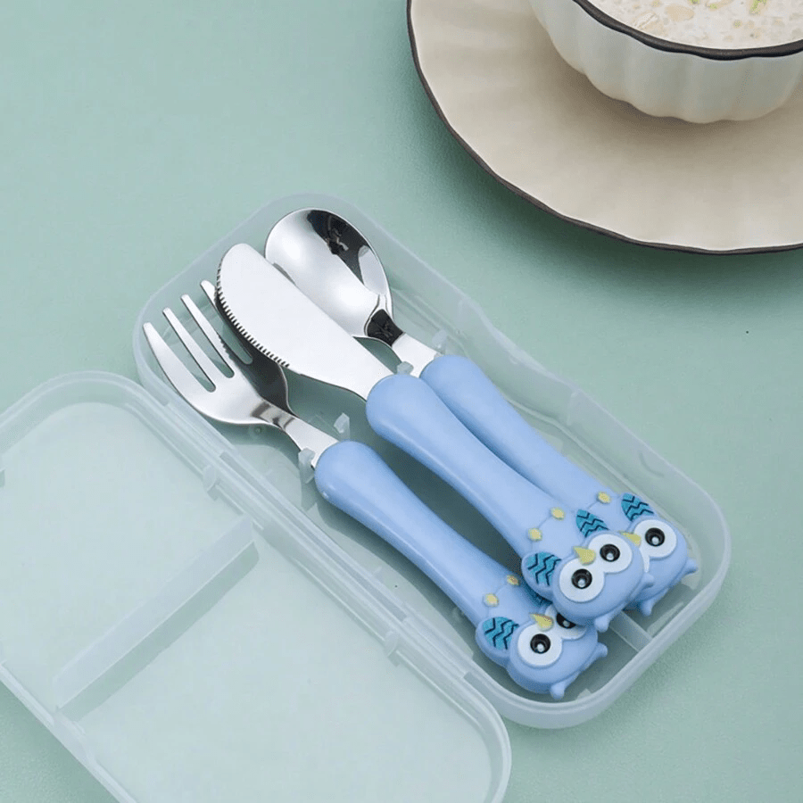 Juego de 3 utensilios de acero inoxidable para niños con caja de almacenamiento azul cuchara de alimentación tenedor