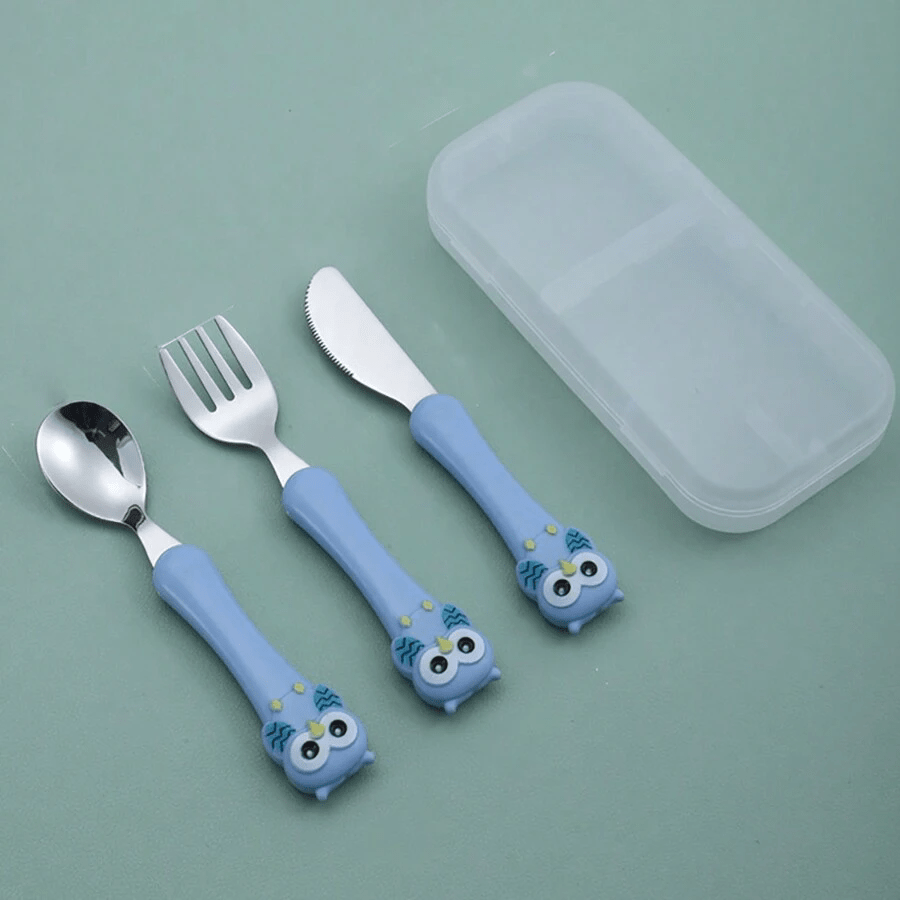 Juego de 3 utensilios de acero inoxidable para niños con caja de almacenamiento azul cuchara de alimentación tenedor
