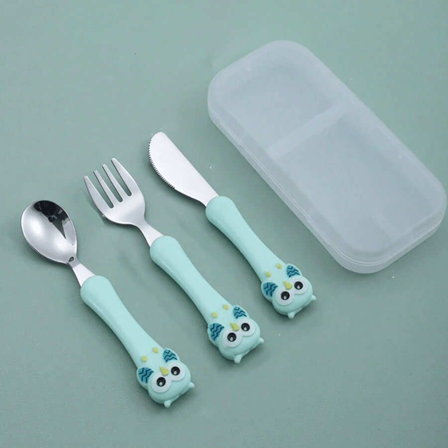 Juego de 3 utensilios de acero inoxidable para niños con caja de almacenamiento azul cuchara de alimentación tenedor