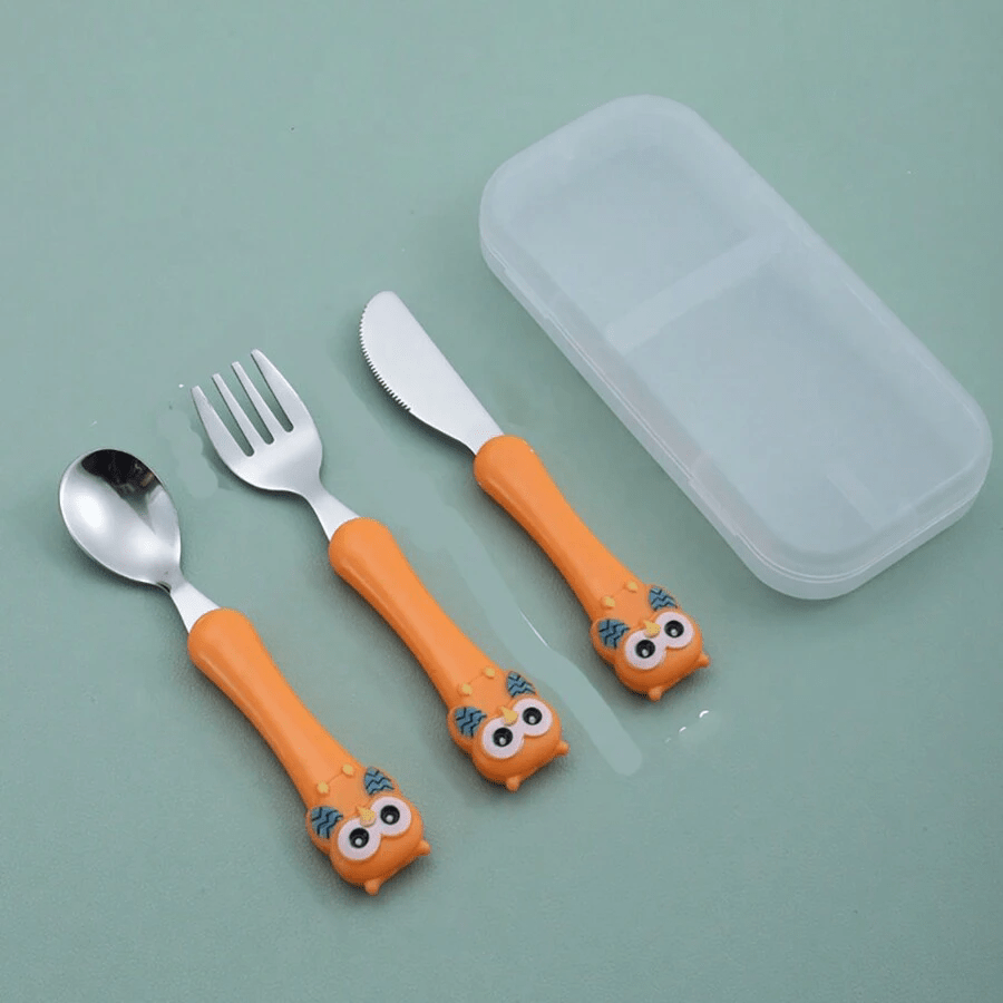 Juego de 3 utensilios de acero inoxidable para niños con caja de almacenamiento azul cuchara de alimentación tenedor