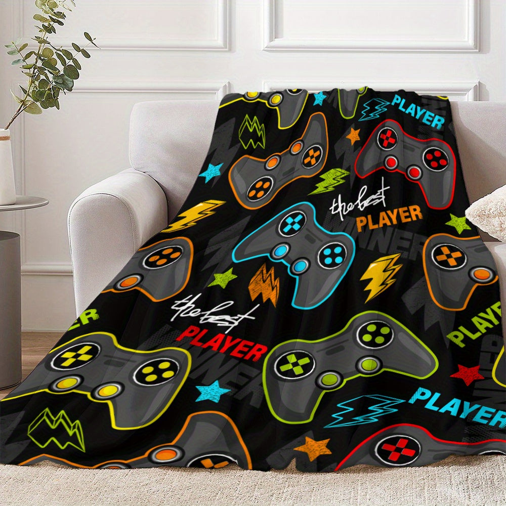 Polyester Knit Flannel Throw Blanket with Game Controller and Lightning Print Quilted All-Season Cover for Gaming, Naps, Camping, Home and Office