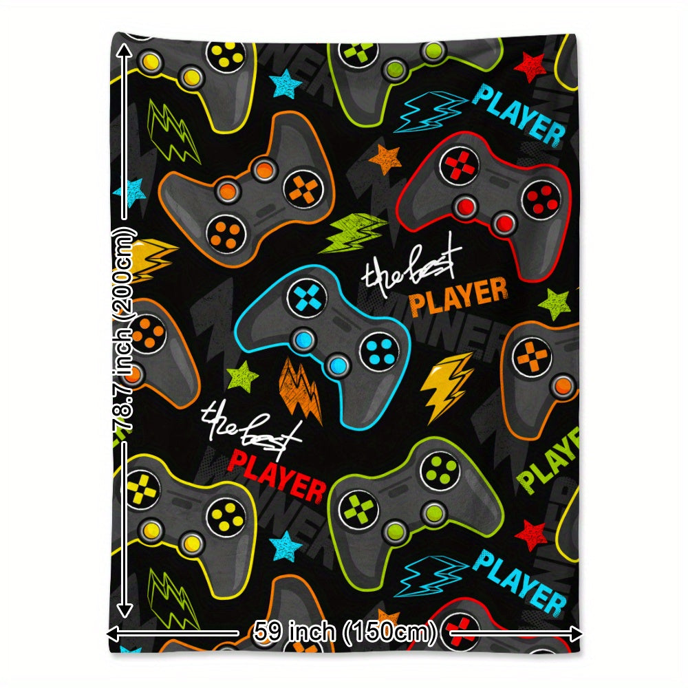Polyester Knit Flannel Throw Blanket with Game Controller and Lightning Print Quilted All-Season Cover for Gaming, Naps, Camping, Home and Office
