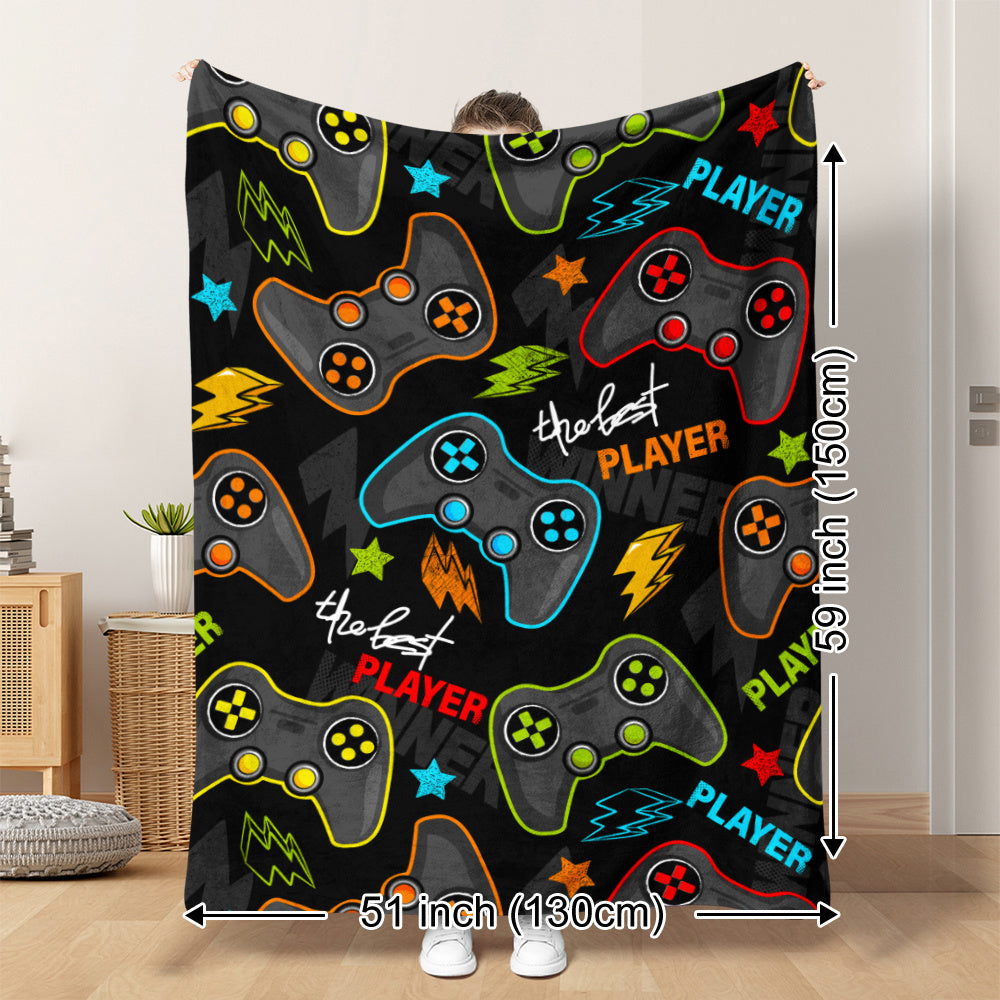 Polyester Knit Flannel Throw Blanket with Game Controller and Lightning Print Quilted All-Season Cover for Gaming, Naps, Camping, Home and Office