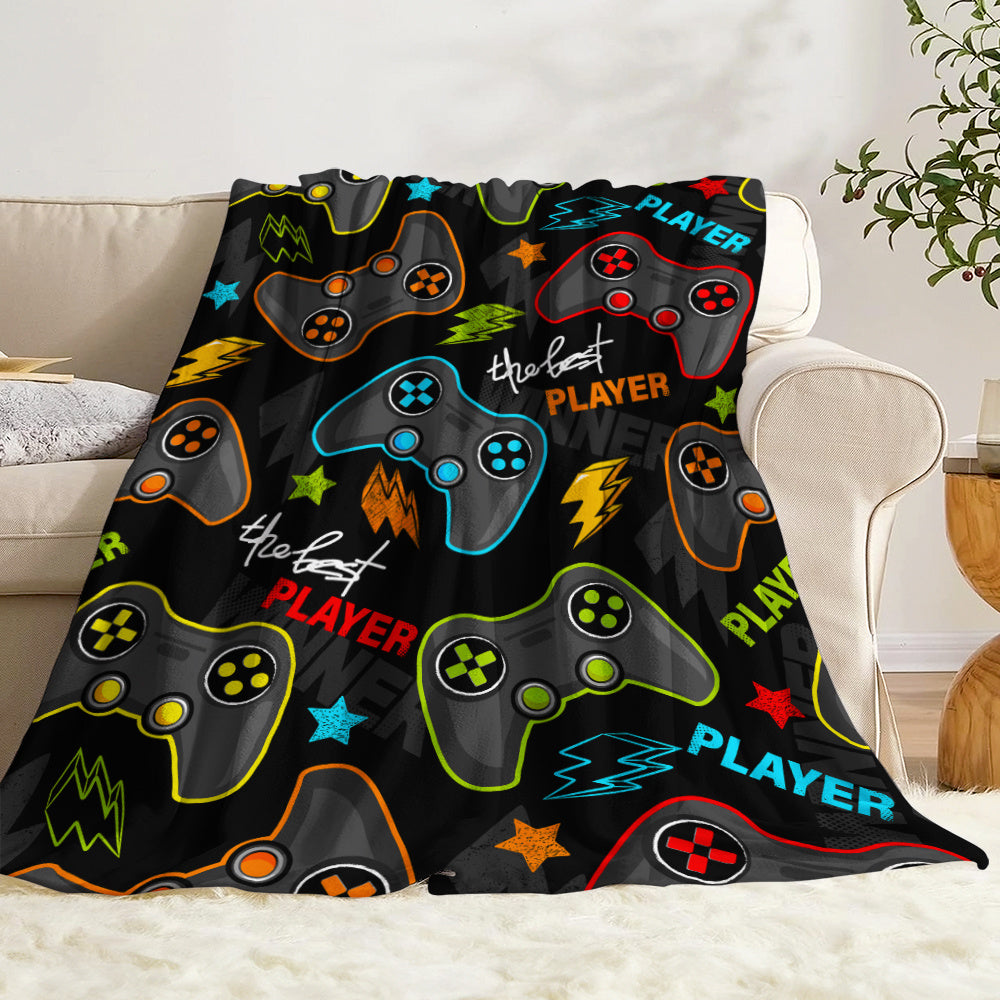 Polyester Knit Flannel Throw Blanket with Game Controller and Lightning Print Quilted All-Season Cover for Gaming, Naps, Camping, Home and Office