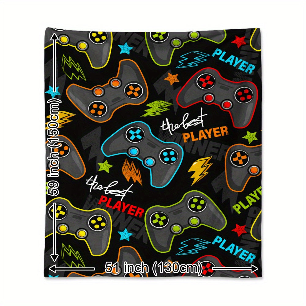 Polyester Knit Flannel Throw Blanket with Game Controller and Lightning Print Quilted All-Season Cover for Gaming, Naps, Camping, Home and Office