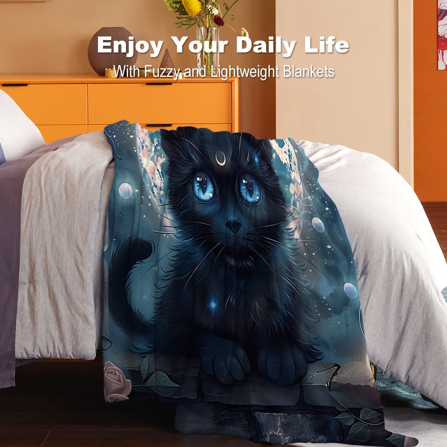 Cat Print Flannel Blanket for Bed Sofa Travel Lightweight Polyester All-Season