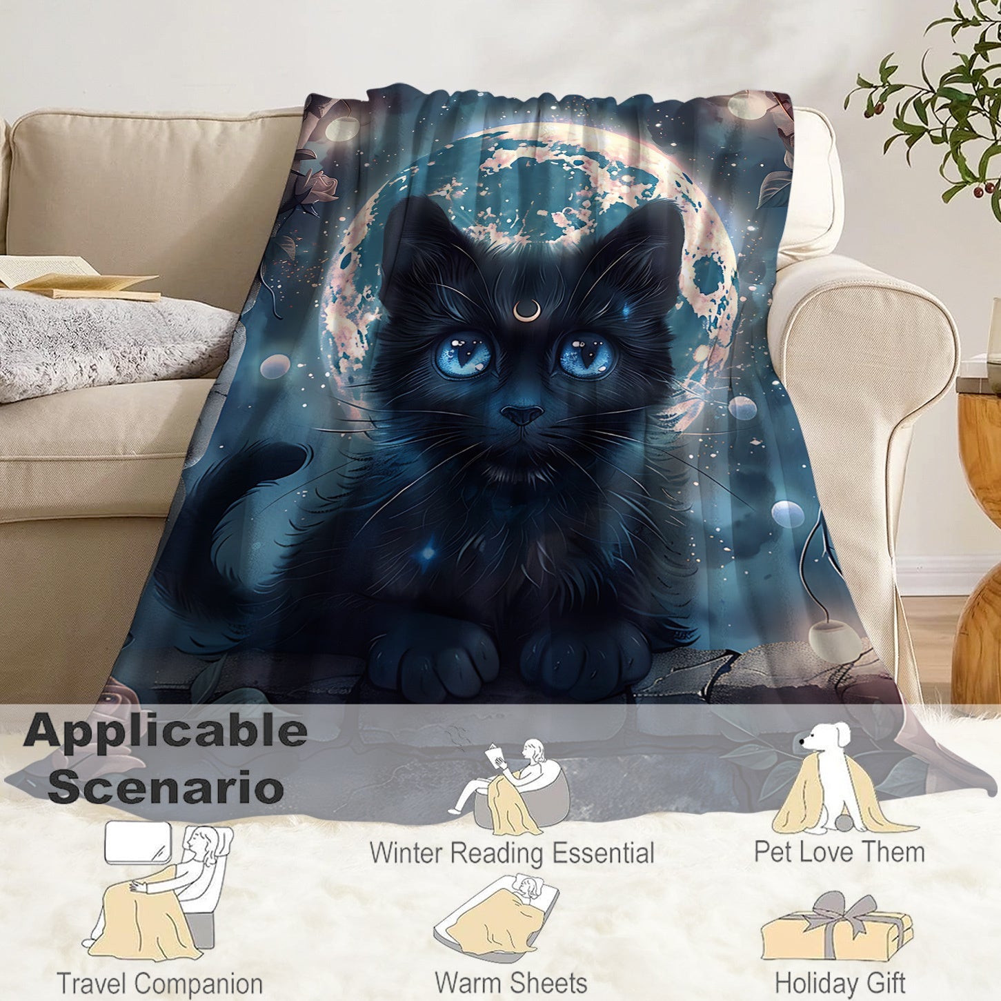 Cat Print Flannel Blanket for Bed Sofa Travel Lightweight Polyester All-Season