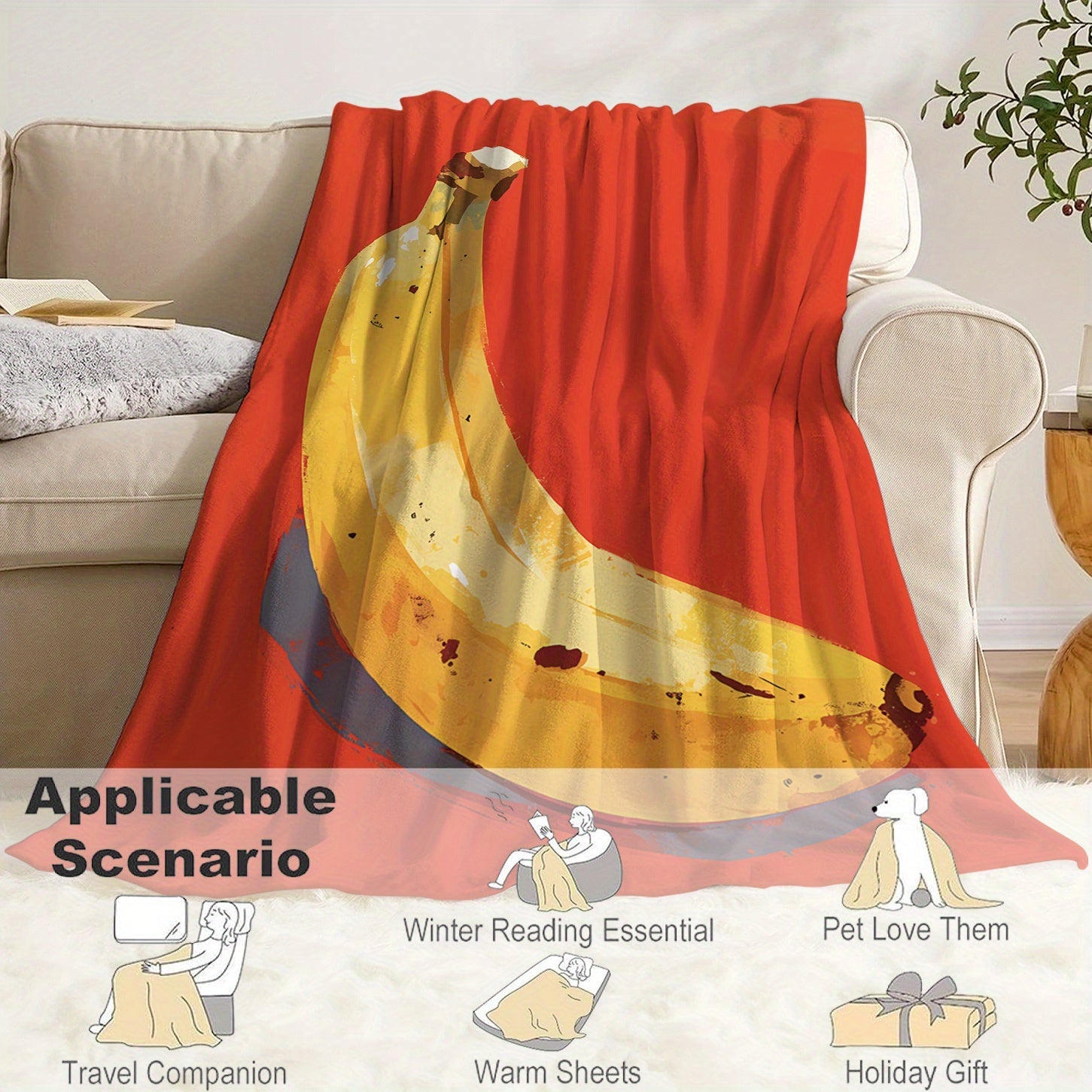 Banana Print Flannel Throw Blanket Soft Lightweight All-Season Bed Sofa Travel Gift