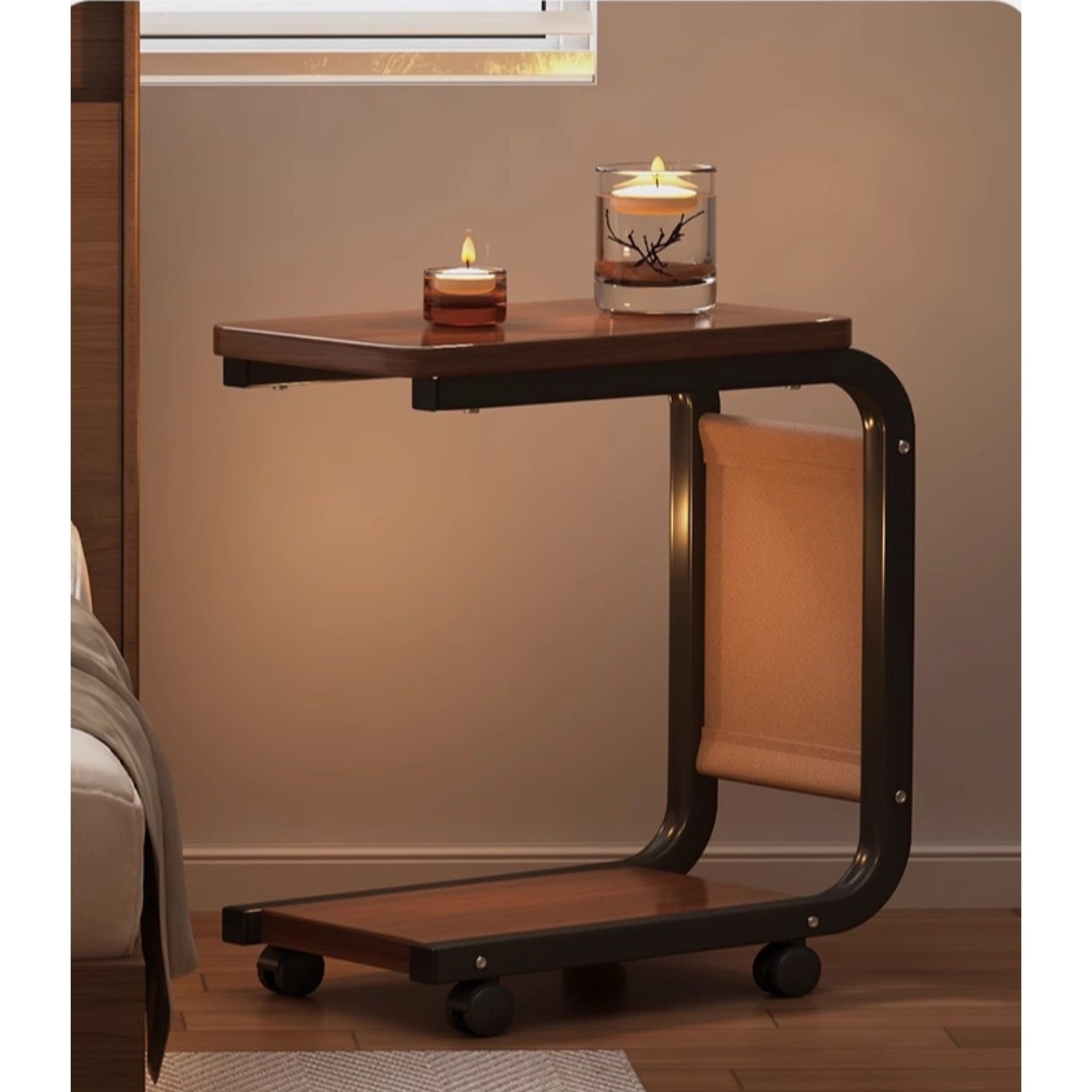 Wooden Rolling Side Table with Metal Frame in White Black Light Brown Dark Brown