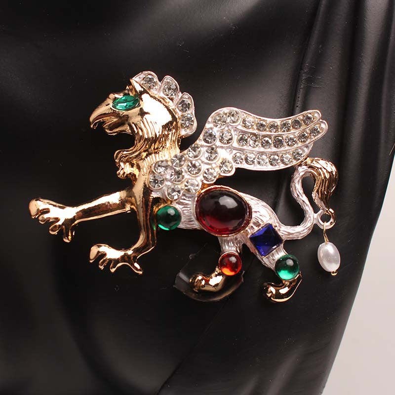 Vintage Griffon Brooch Pin with Rhinestones and Enamel Irregular Shape Fashion Accessory