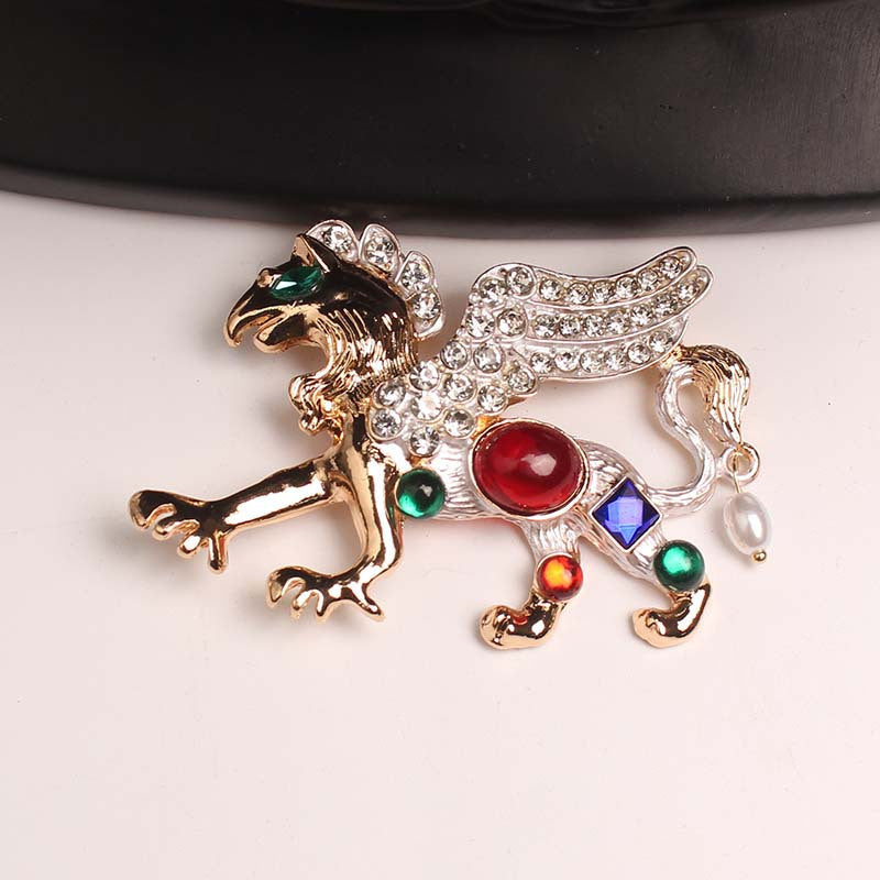 Vintage Griffon Brooch Pin with Rhinestones and Enamel Irregular Shape Fashion Accessory