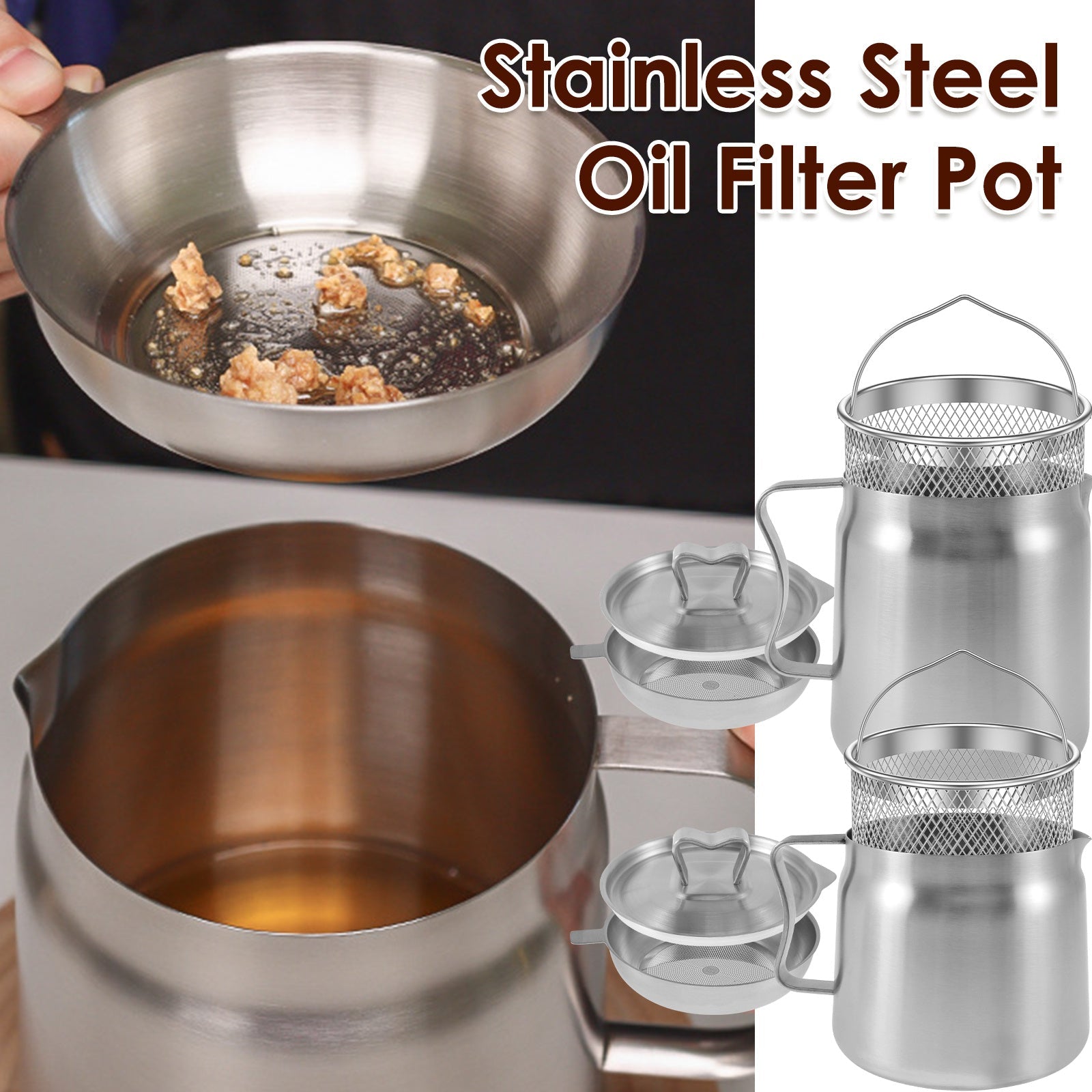 Stainless Steel Oil Filter Pot 1.5L 2L with Lid Mesh Strainer Grease Keeper