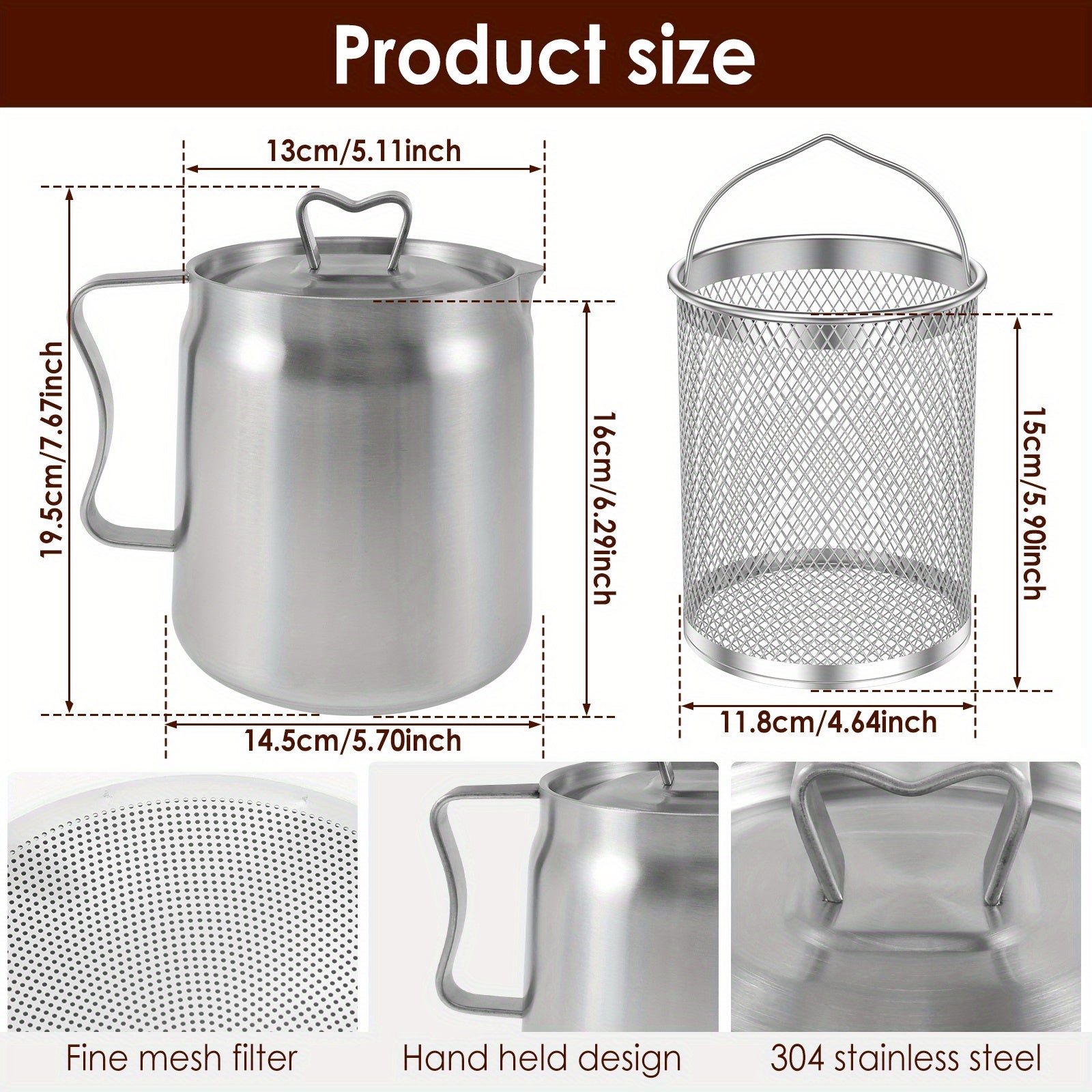 Stainless Steel Oil Filter Pot 1.5L 2L with Lid Mesh Strainer Grease Keeper