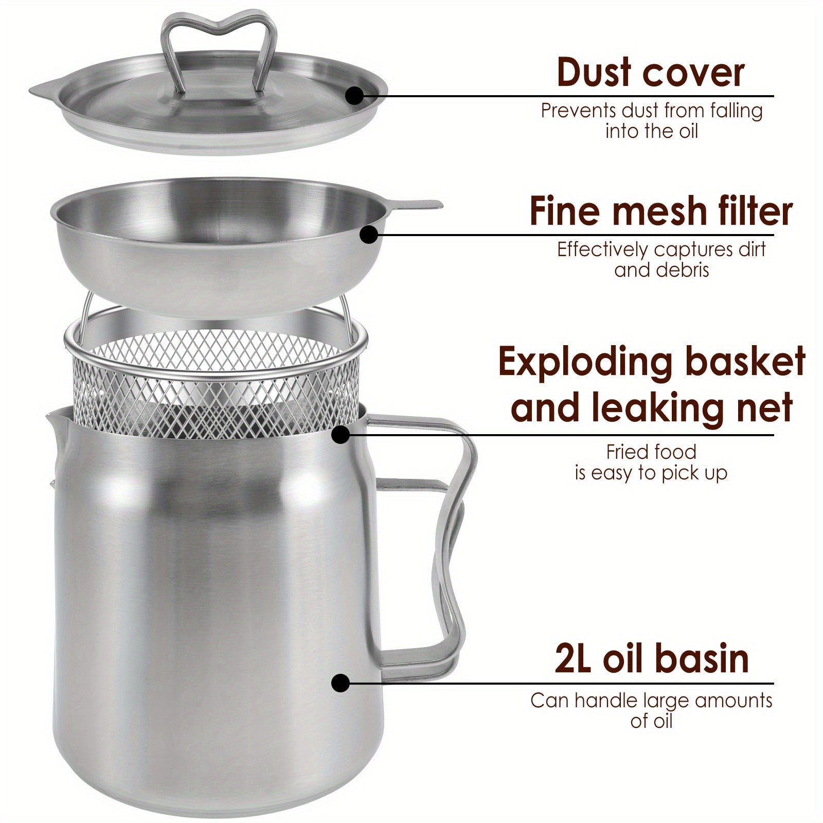 Stainless Steel Oil Filter Pot 1.5L 2L with Lid Mesh Strainer Grease Keeper