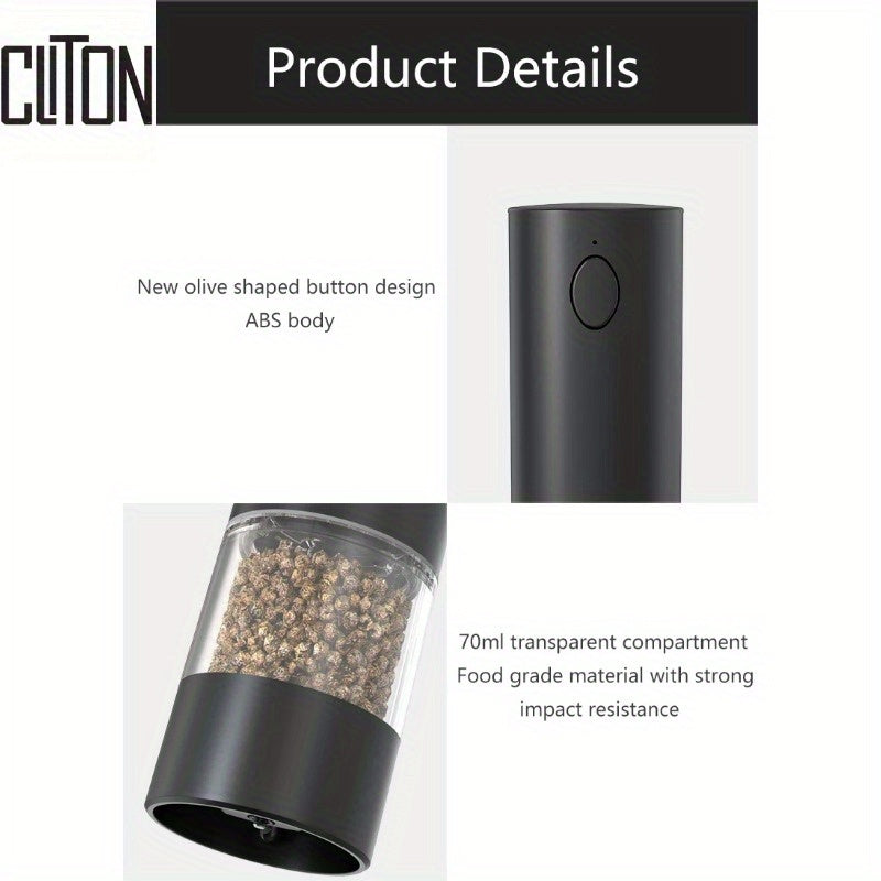 Qayta tiklanadigan elektr tuz va murch maydalagich, sozlanadigan LED chiroq, USB zaryadlash, bardoshli ABS