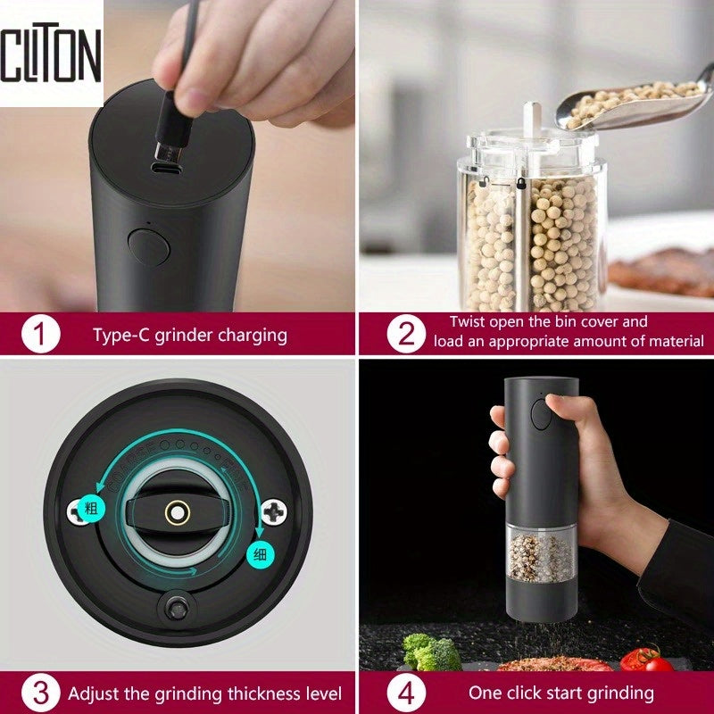 Qayta tiklanadigan elektr tuz va murch maydalagich, sozlanadigan LED chiroq, USB zaryadlash, bardoshli ABS