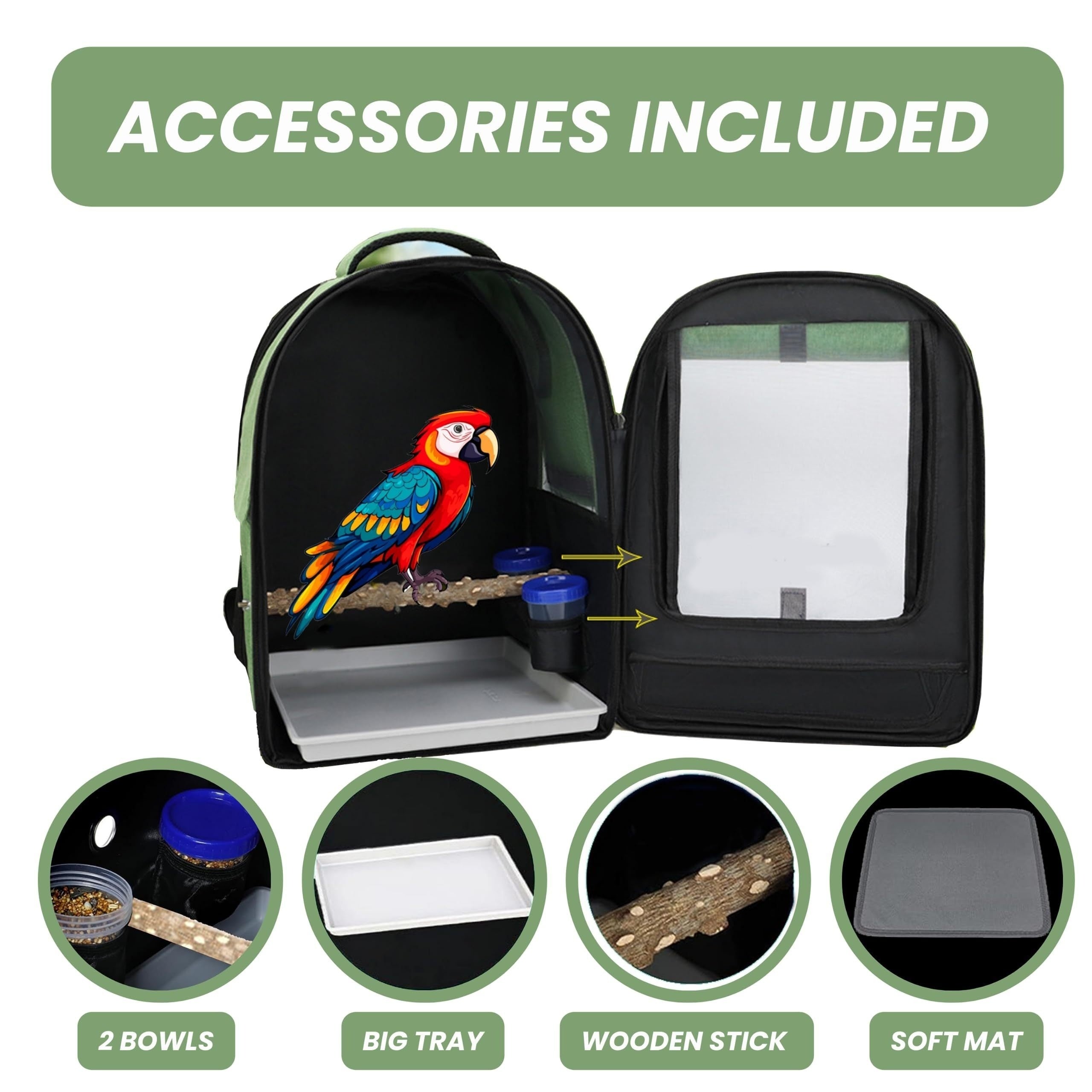 Portable Bird Travel Carrier for Parrots and Large Birds with Mesh and Accessories