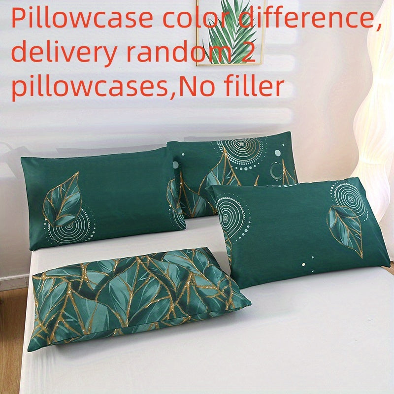 2-Piece Polyester Pillowcases Teal and Gold Leaf Pattern Floral Geometric Design