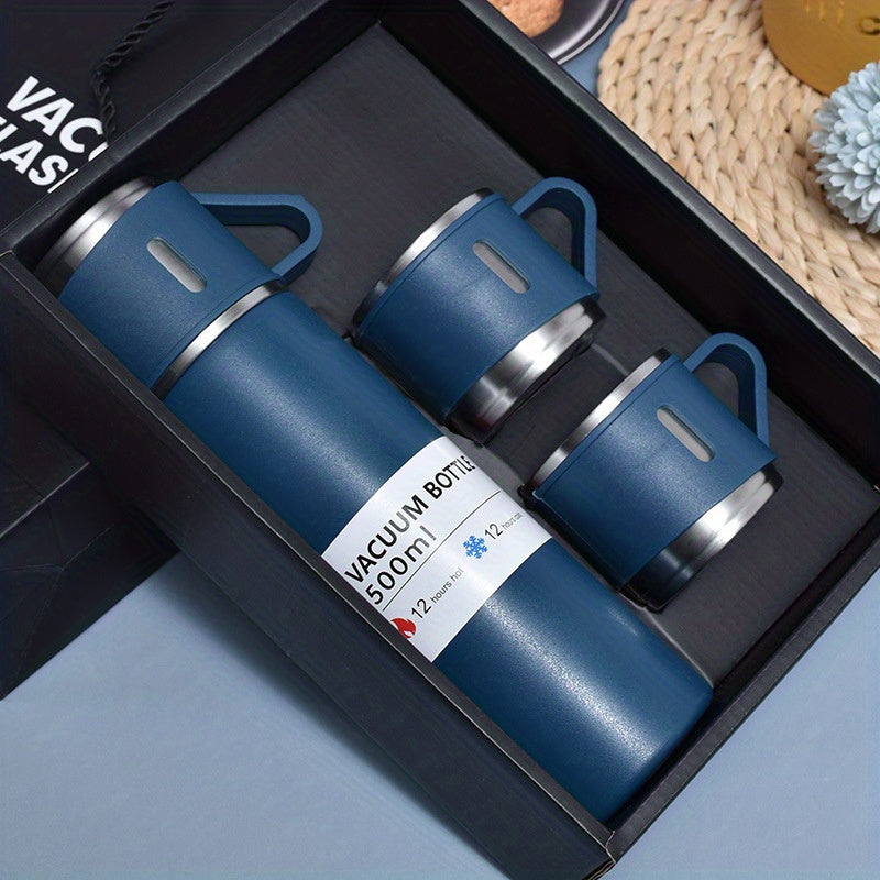 500ml Stainless Steel Vacuum Insulated Flask Set with 2 Cups for Hot Cold Beverages