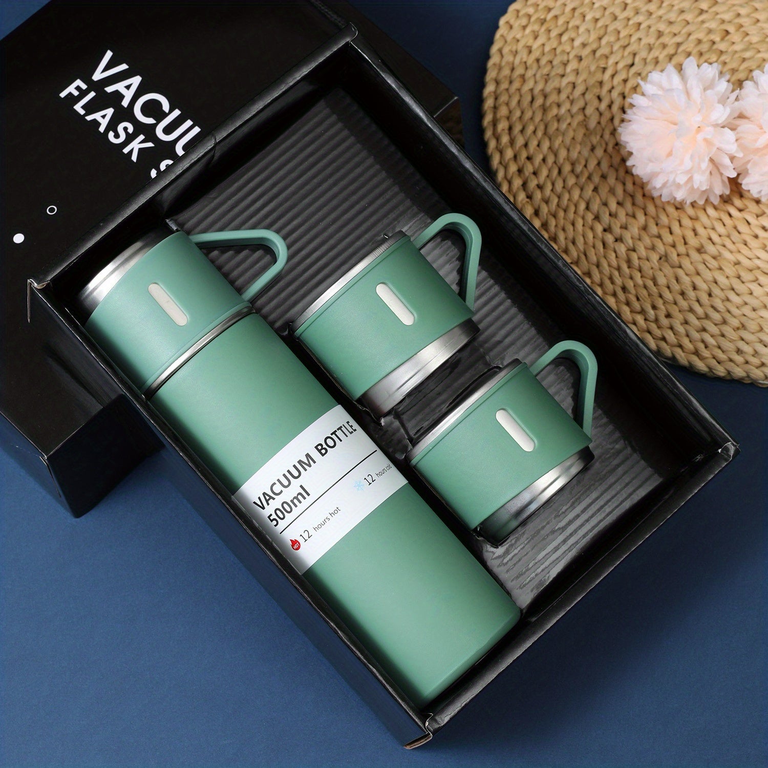 500ml Stainless Steel Vacuum Insulated Flask Set with 2 Cups for Hot Cold Beverages