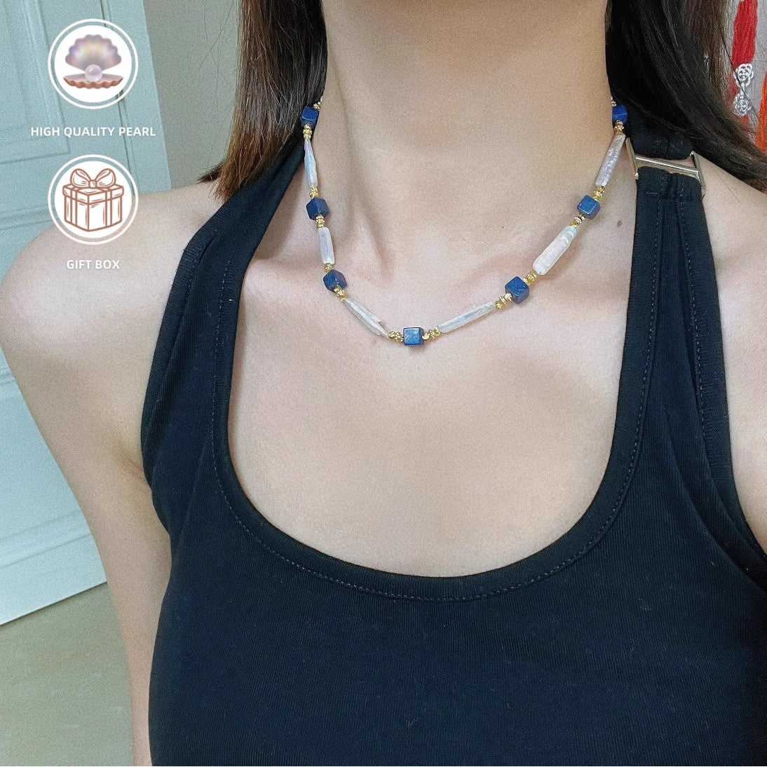 Vintage Bohemiya taqinchoq Barok perlar va Lapis Lazuli toshlari bilan