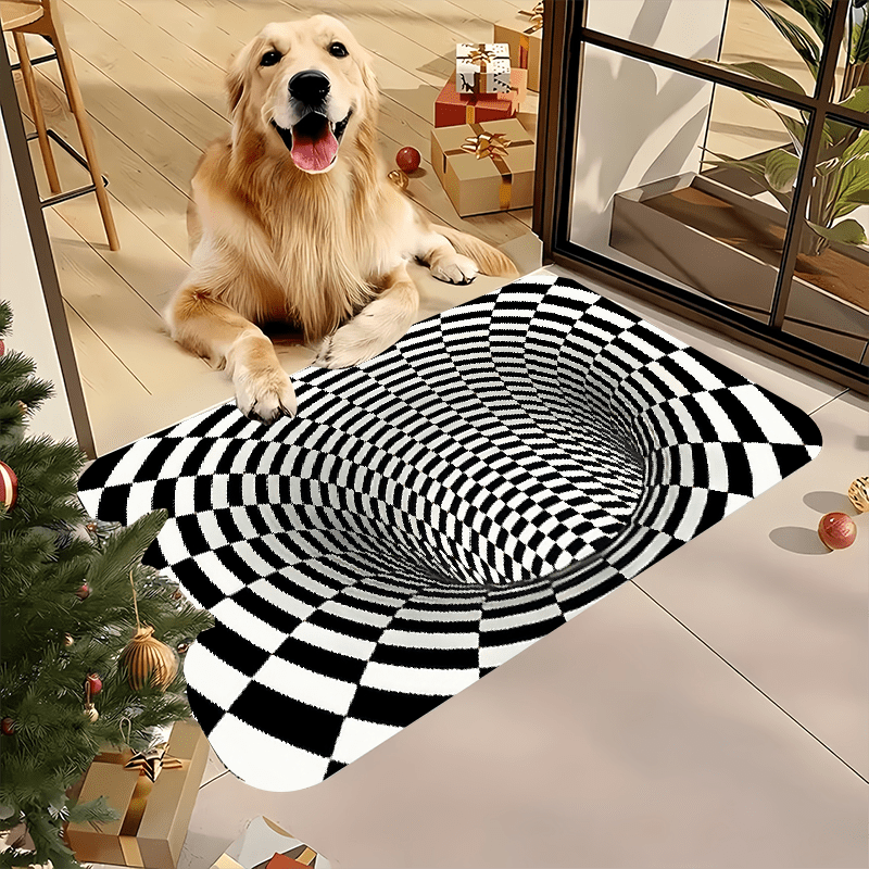 Rectangular Non-Slip Polyester Flannel Mat with 3D Optical Illusion Waterproof and Machine Washable