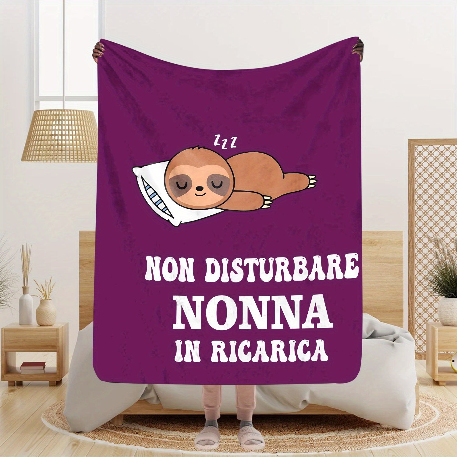 Purple Cartoon Sloth Throw Blanket with Quote Non Disturbare Nonna in Ricerica Soft Flannel Fleece All Seasons