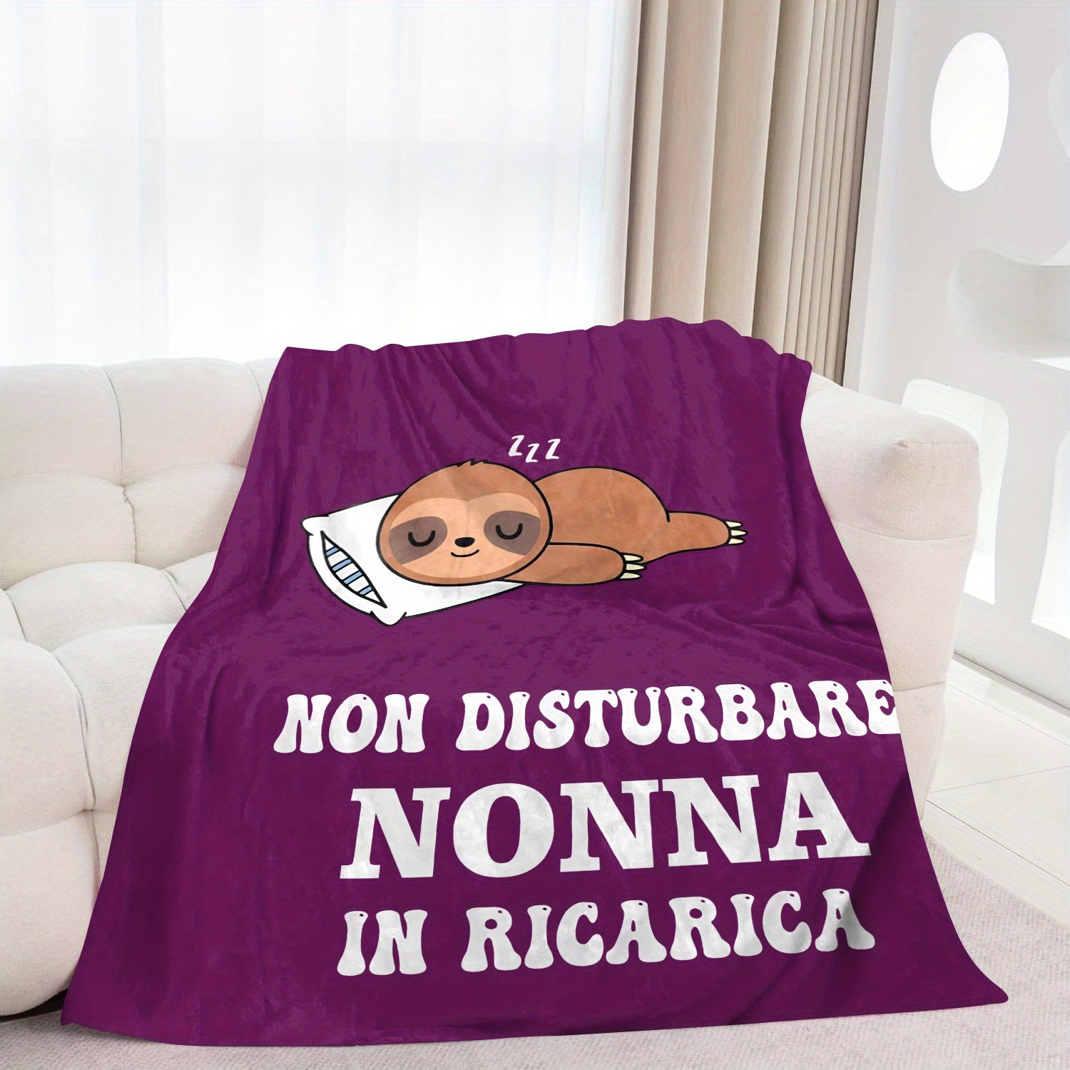 Purple Cartoon Sloth Throw Blanket with Quote Non Disturbare Nonna in Ricerica Soft Flannel Fleece All Seasons