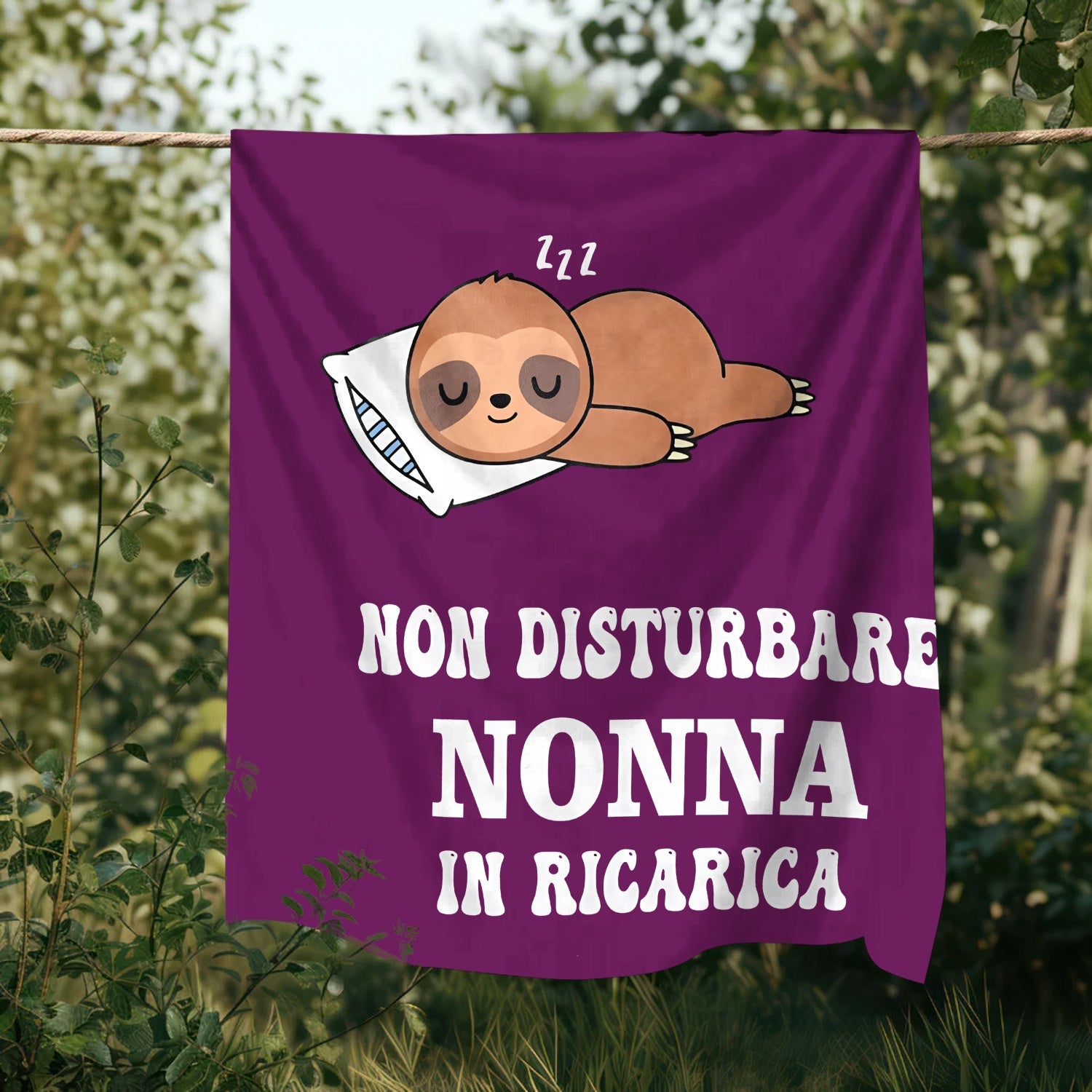 Purple Cartoon Sloth Throw Blanket with Quote Non Disturbare Nonna in Ricerica Soft Flannel Fleece All Seasons
