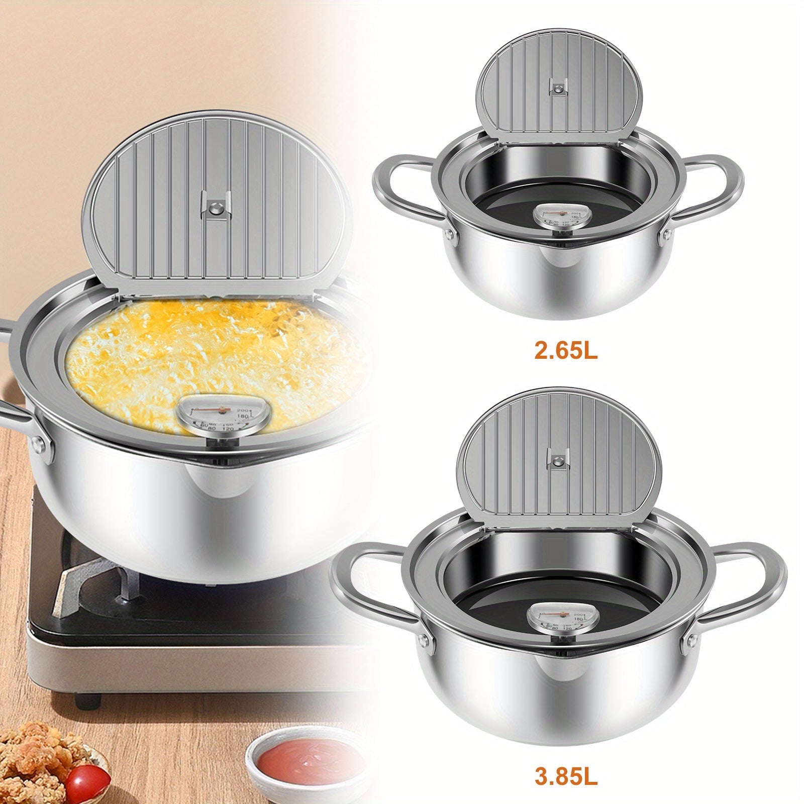 Stainless Steel Deep Fryer 2.65L 3.85L with Thermometer and Drip Drainer