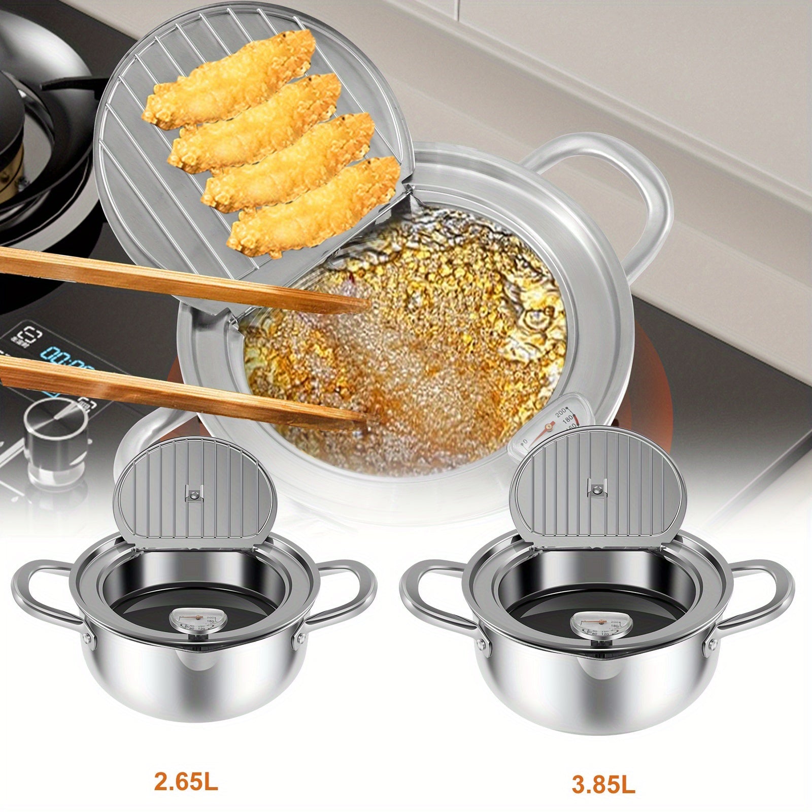 Freidora de acero inoxidable de 2.65L 3.85L con termómetro y escurridor de goteo
