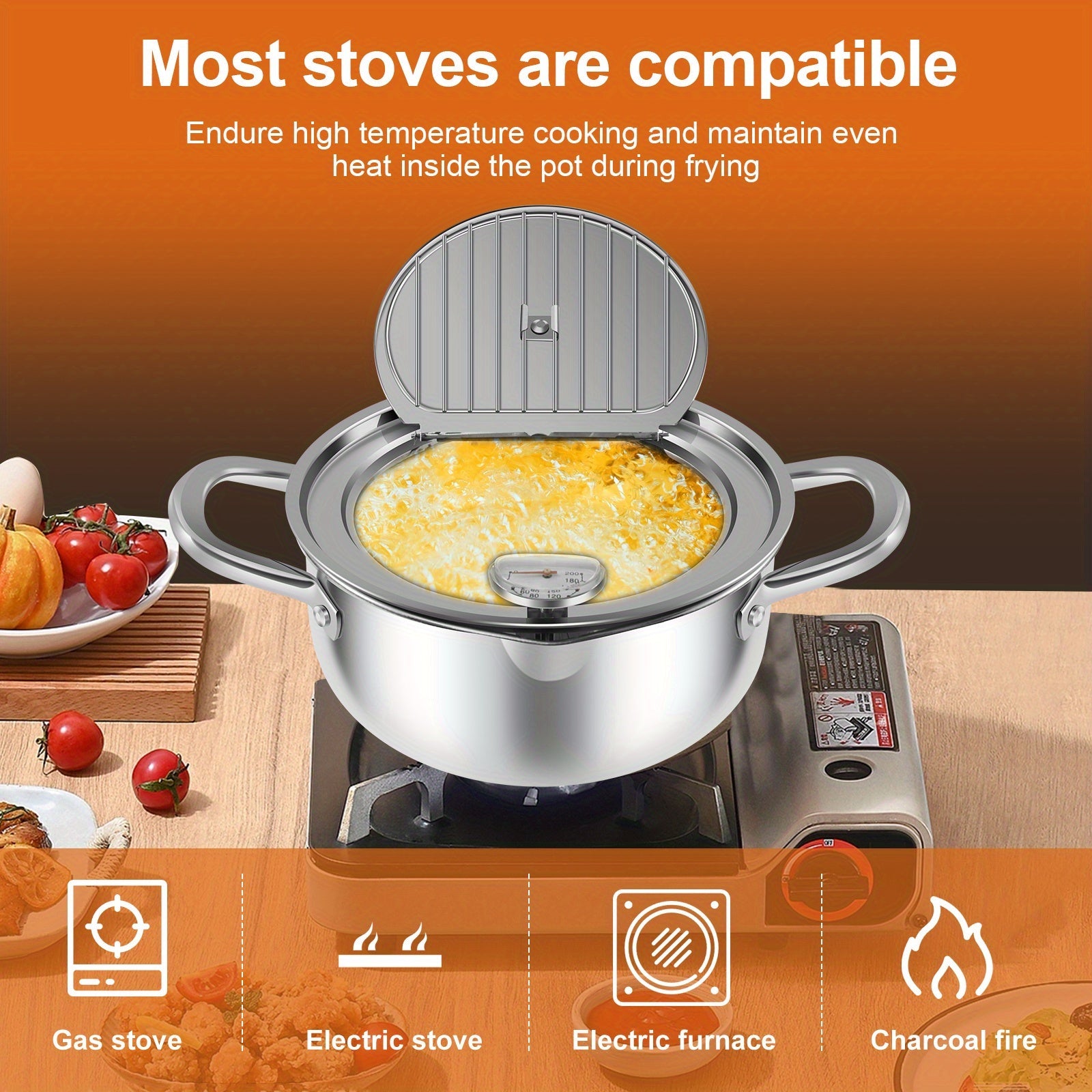 Freidora de acero inoxidable de 2.65L 3.85L con termómetro y escurridor de goteo