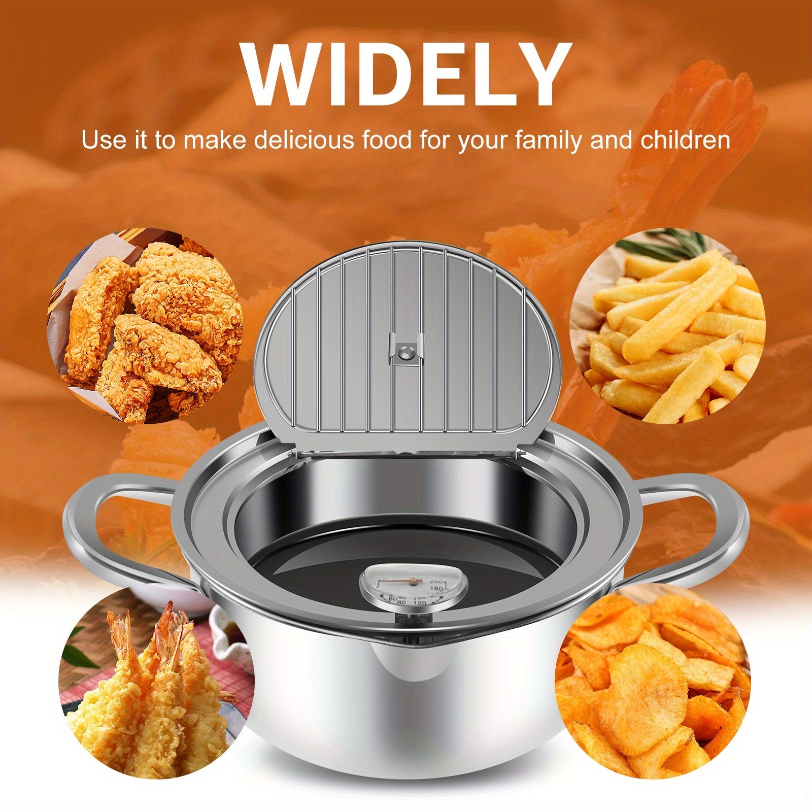 Freidora de acero inoxidable de 2.65L 3.85L con termómetro y escurridor de goteo