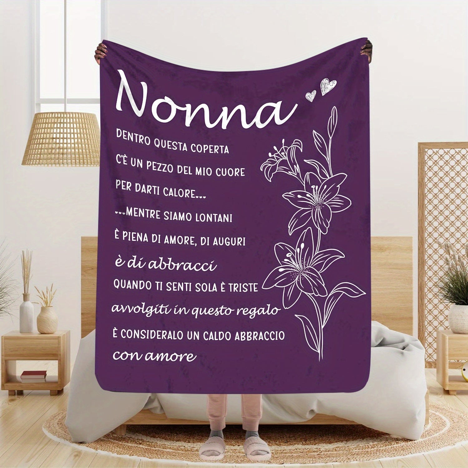 Personalized Sentiment Print Purple Fleece Throw Blanket Cozy Italian Language Design All-Season Gift