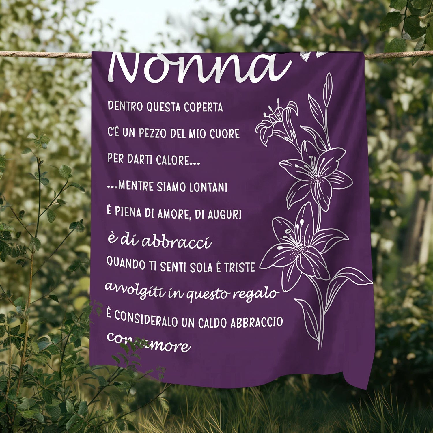 Personalized Sentiment Print Purple Fleece Throw Blanket Cozy Italian Language Design All-Season Gift
