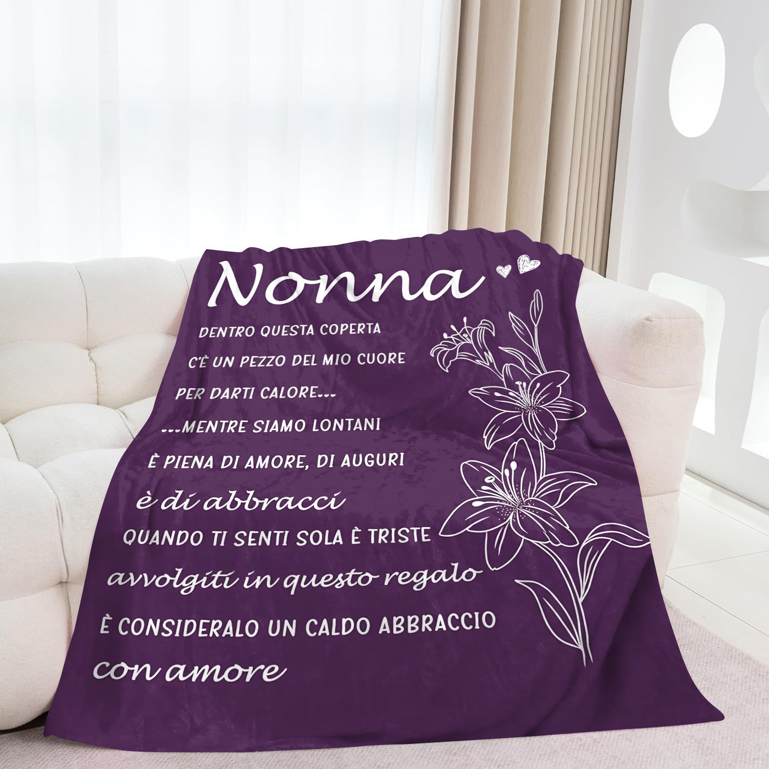 Personalized Sentiment Print Purple Fleece Throw Blanket Cozy Italian Language Design All-Season Gift