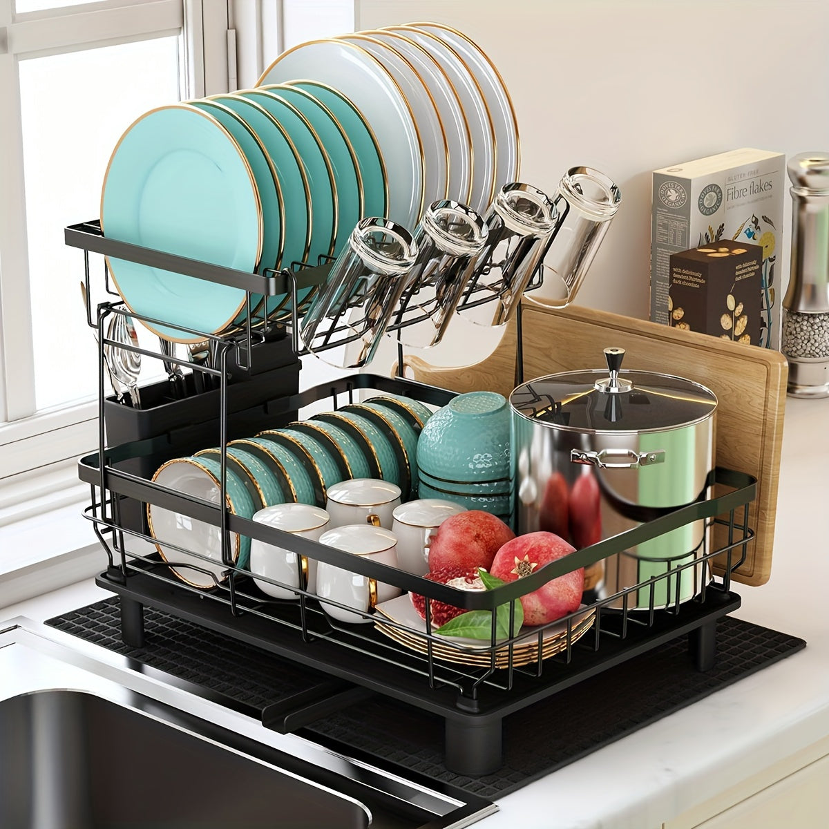 Extra-Large Stainless Steel Kitchen Rack with Dual Tiers, Utensil and Dish Storage