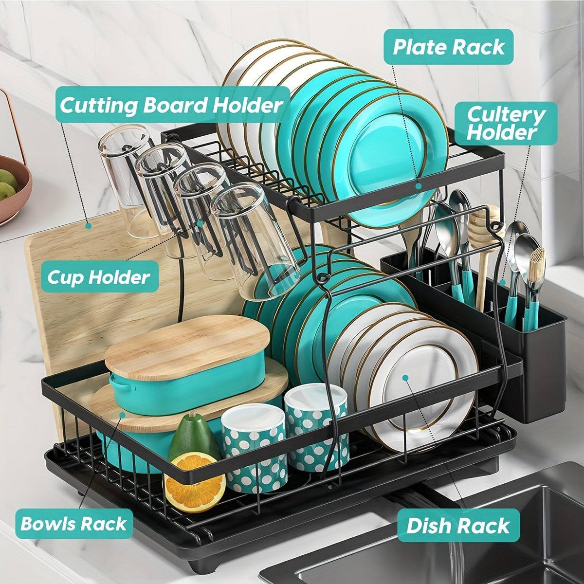Extra-Large Stainless Steel Kitchen Rack with Dual Tiers, Utensil and Dish Storage