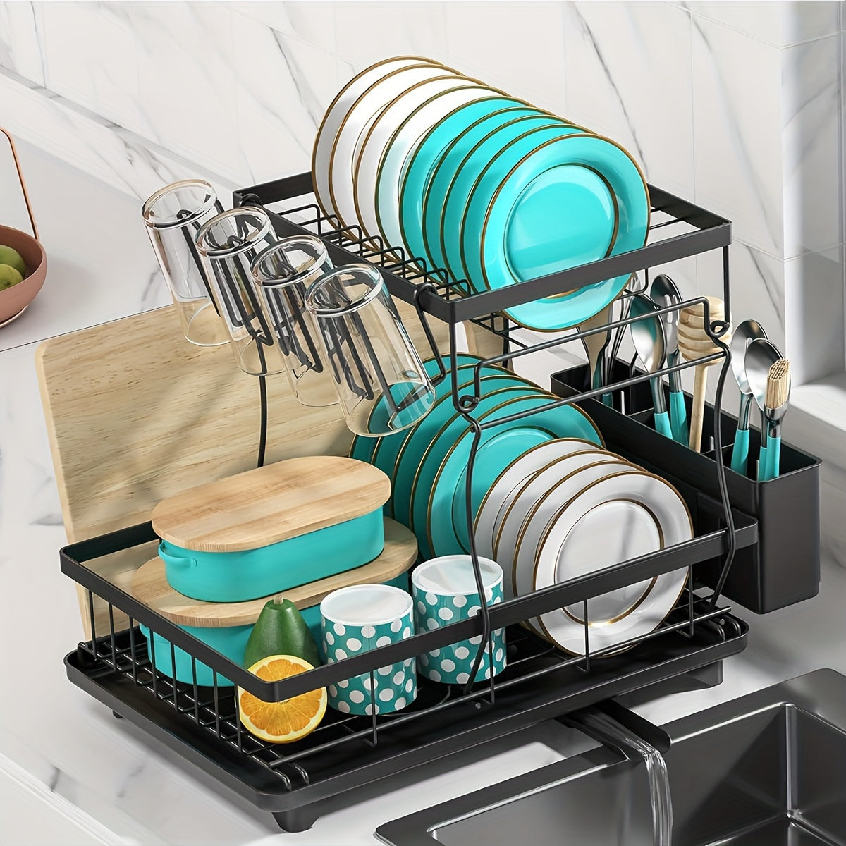 Extra-Large Stainless Steel Kitchen Rack with Dual Tiers, Utensil and Dish Storage