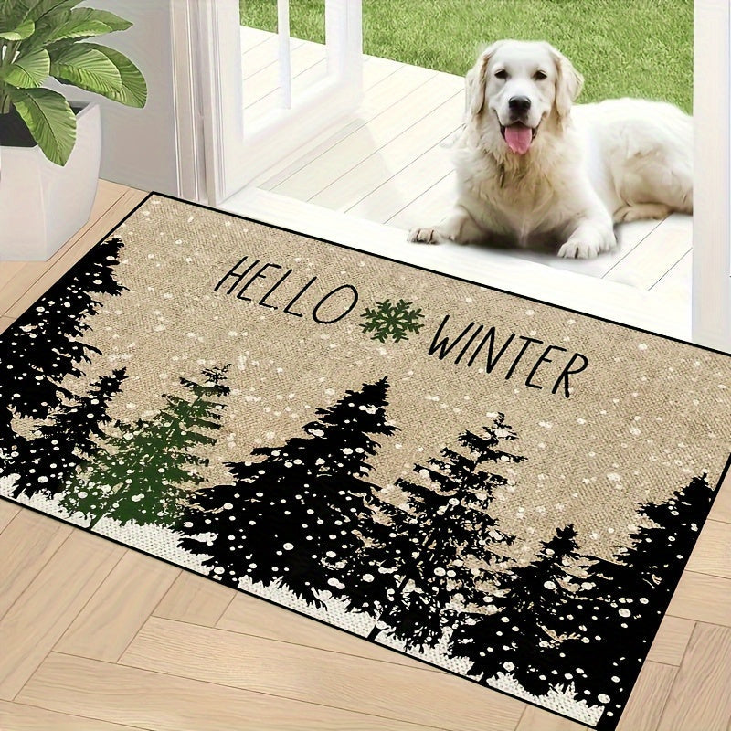 Alfombra de puerta navideña con saludos de invierno, poliéster duradero, uso en interiores y exteriores