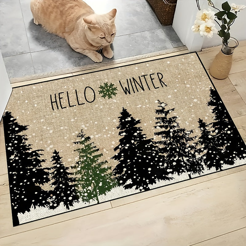 Alfombra de puerta navideña con saludos de invierno, poliéster duradero, uso en interiores y exteriores