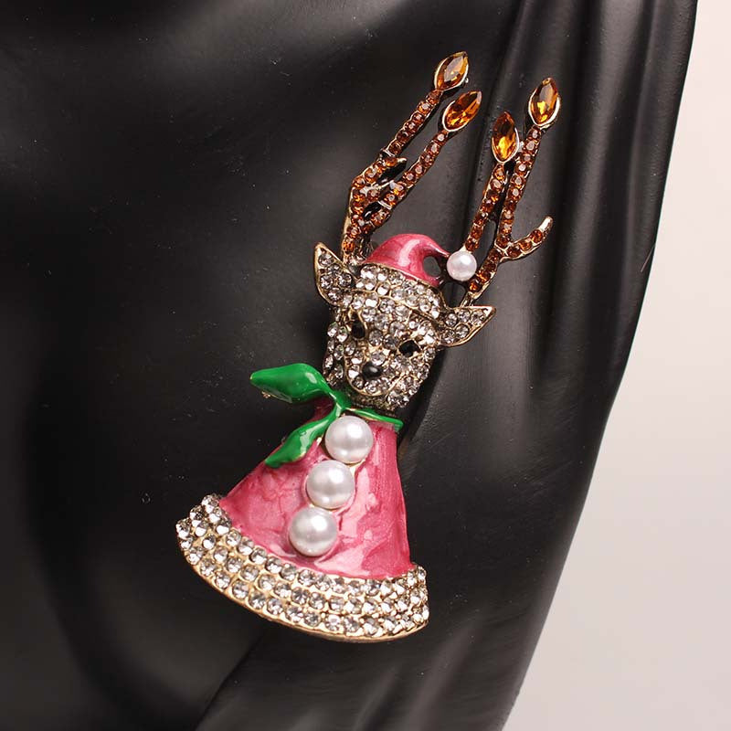 Vintage Christmas Elk Brooch Pink Pearl Rhinestones Retro Cartoon Deer Pin Jewelry for Women